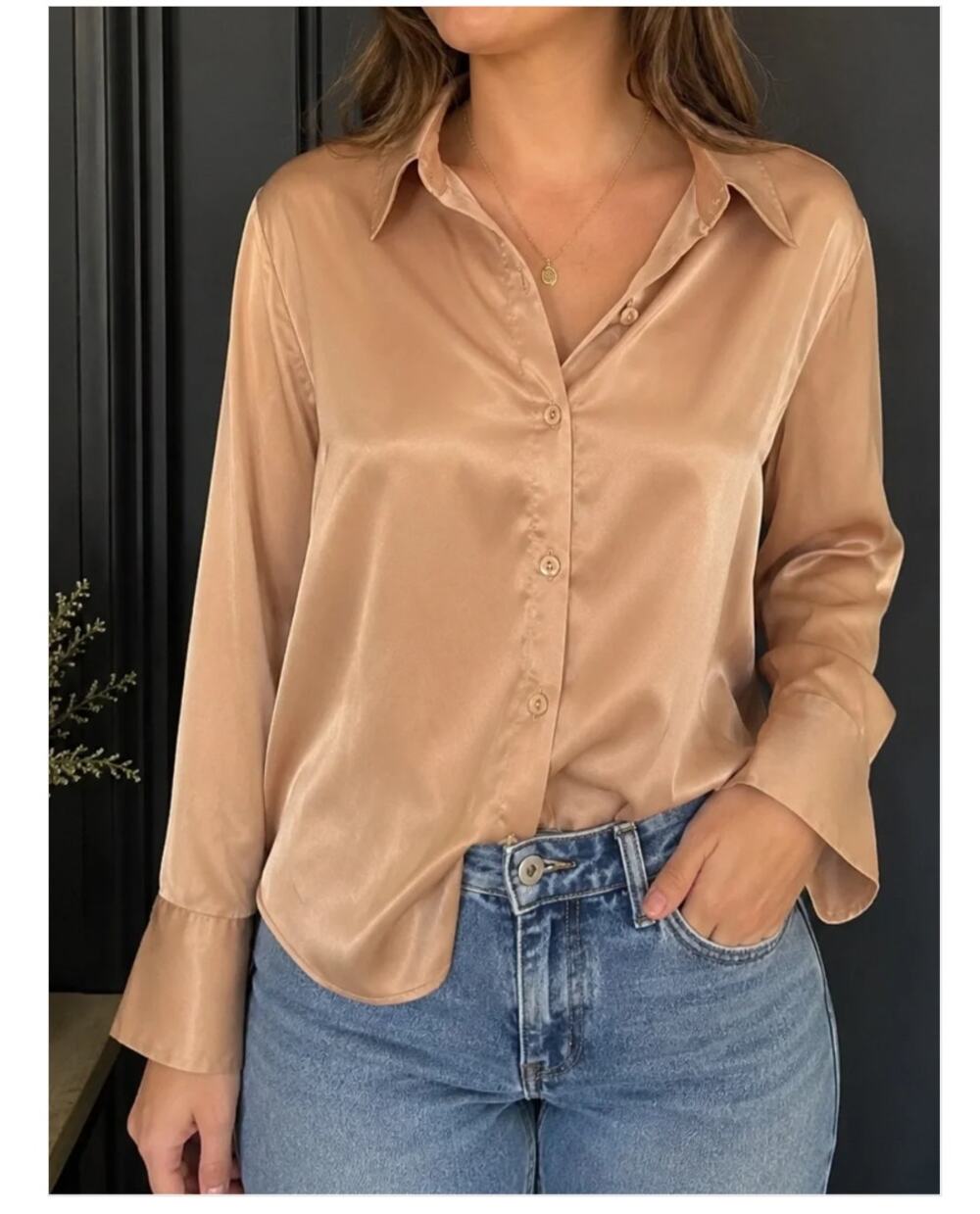 Abercrombie & Fitch Bronze Gold Satin Long Sleeve Button-Up Blouse Size Small